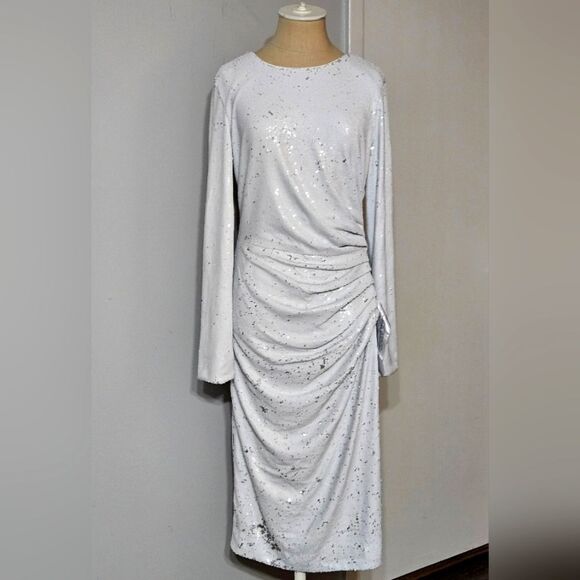 Dress the‎ Population Emilia Sequin Long-sleeve Ruched Dress Size Large  NWT - Picture 5 of 11